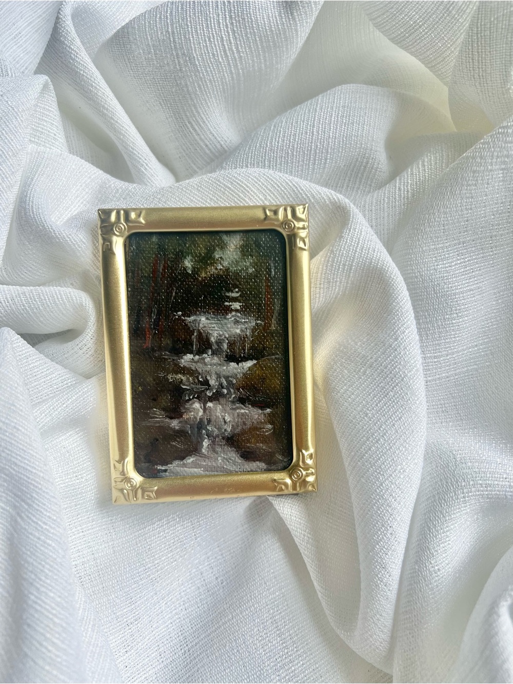 “Salt & Stone” Miniature Waterfall Landscape Oil Painting in Gold Frame
